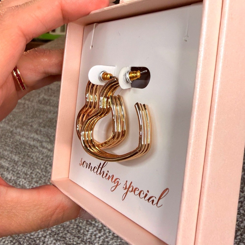 Something Special Gold Tone Triple Ribbed Heart Shaped Hoop Earrings Gift Boxed - Picture 5 of 5